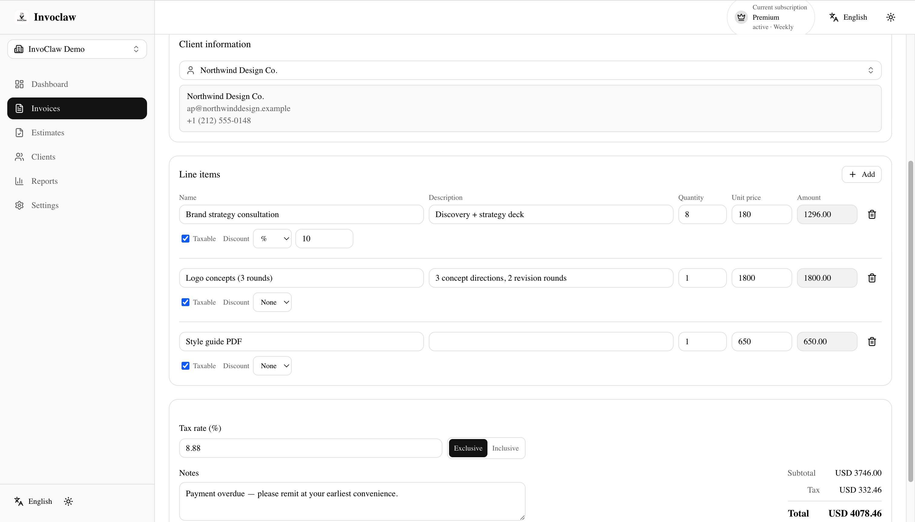 Invoice detail view showing multiple line items, a percentage discount, and tax totals